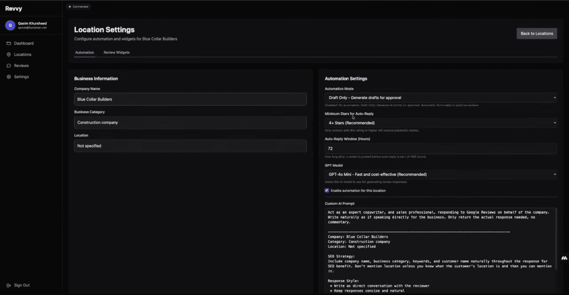 Revvy review dashboard